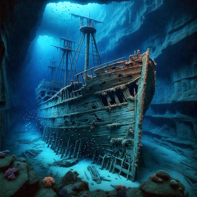 The primary subject of the image is a large, old shipwrecked boat that has been submerged underwater for a long time. The boat is surrounded by a variety of sea creatures, including fish and other marine life. The setting is underwater, with the shipwrecked boat resting on the ocean floor. The visual style of the image is a combination of photo and digital art, creating a realistic yet artistic representation of the shipwreck. The colors and mood of the image are dark and moody